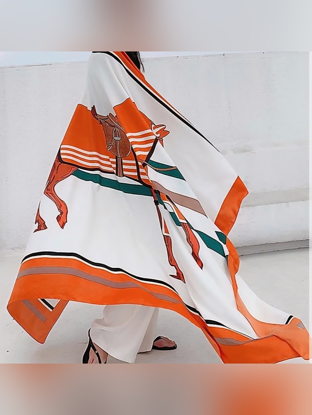 Last One! Elegant White & Orange Horse-Print Silk Scarf Wrap